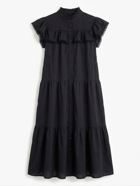 Sabina Musayev Black Gwen Tiered Maxi Dress Pom Pom Ruffle Flutter Sleeve Sz S